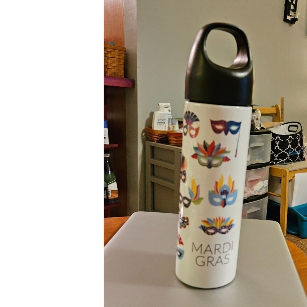 Mardi Gras Water Bottle with Loop Lid  Lid Twists Off White w/ Mardi Gras Masks
